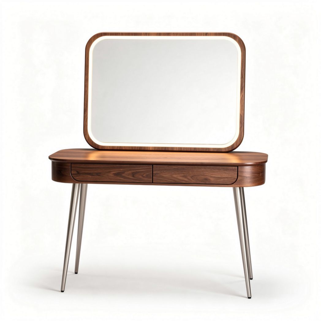 Wooden vanity table with mirror and drawer storage in walnut finish