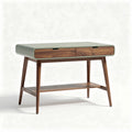 Wooden writing desk with two drawers and shelf in green and walnut finish