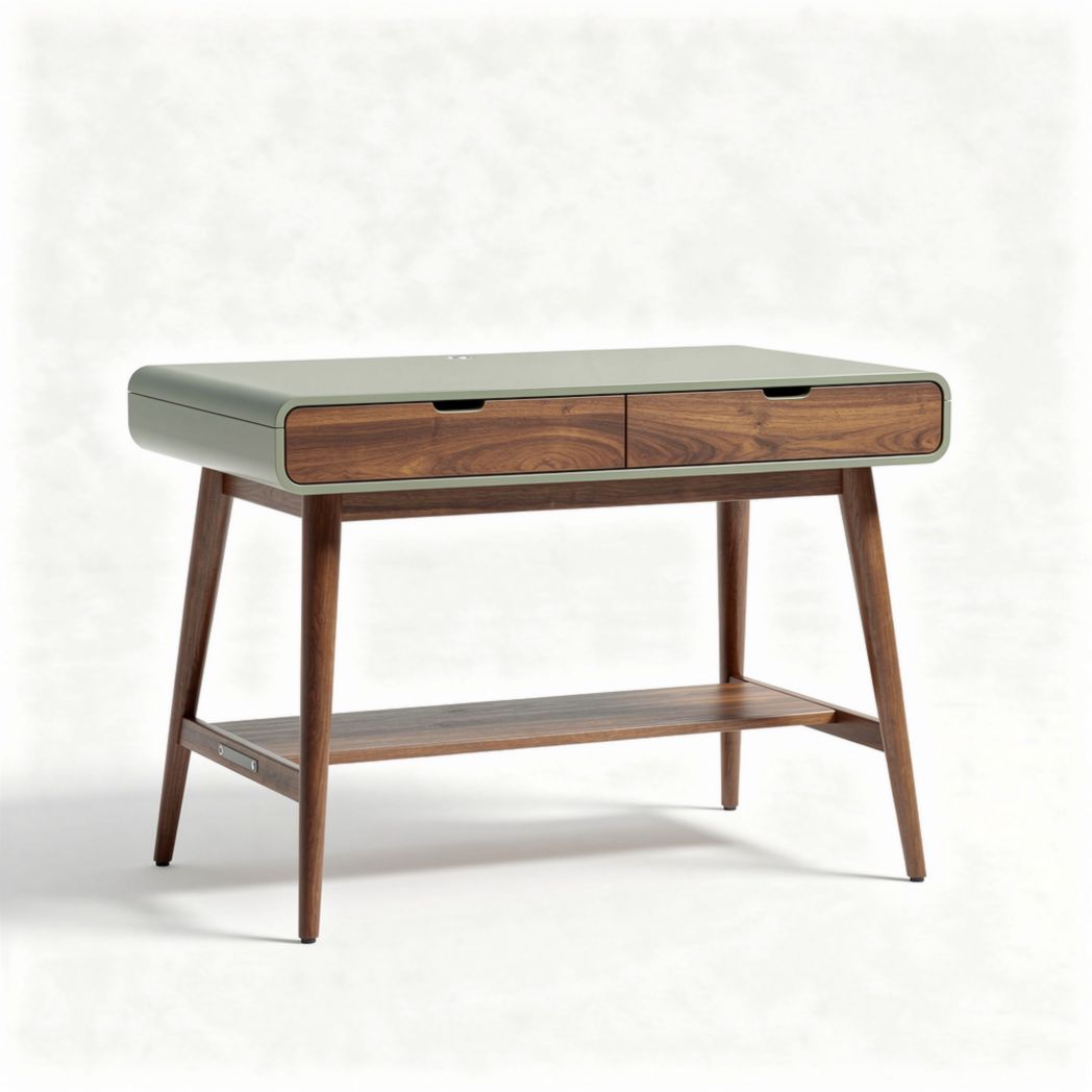 Wooden writing desk with two drawers and shelf in green and walnut finish