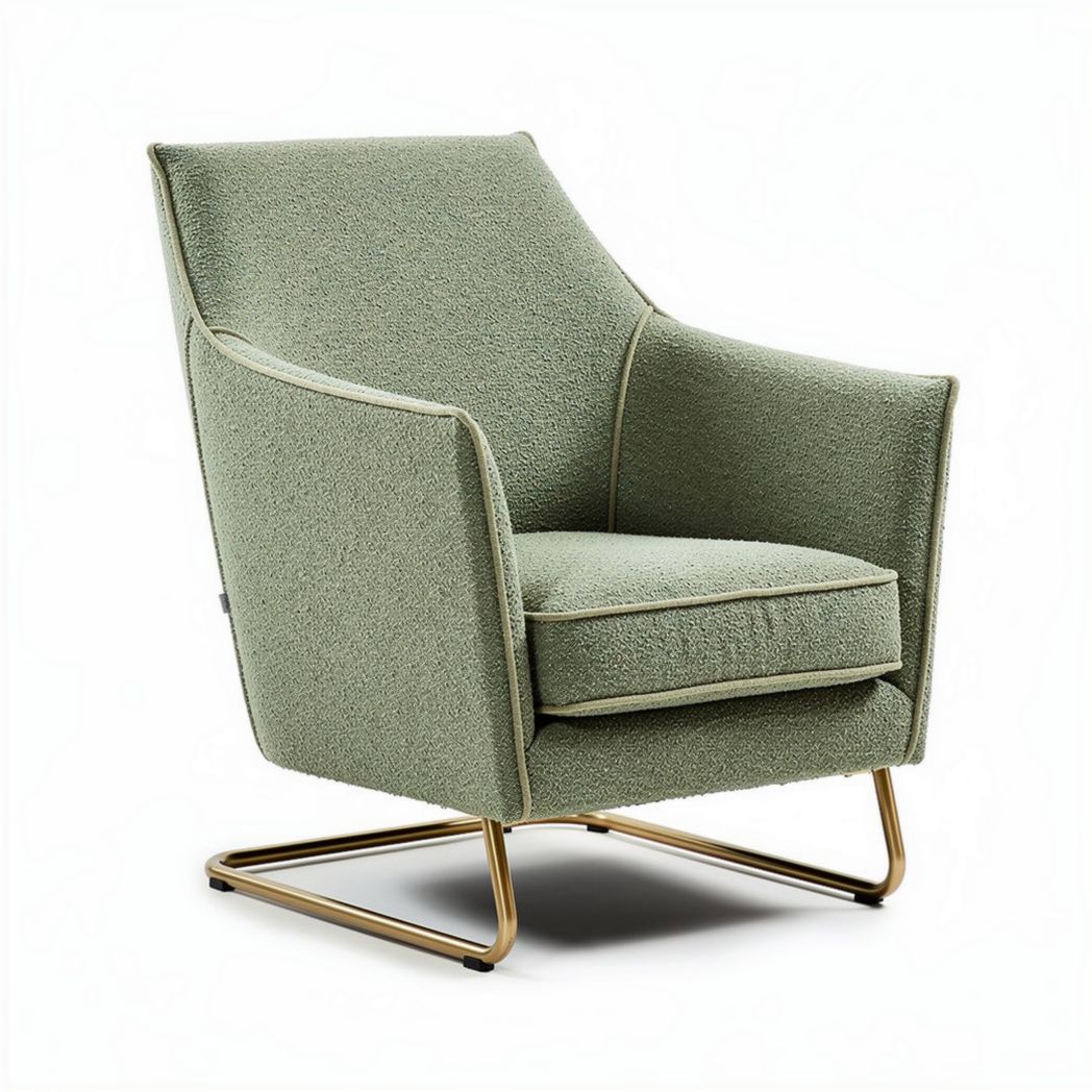 Textured green upholstered armchair with gold metal base 80 x 70 x 90cm