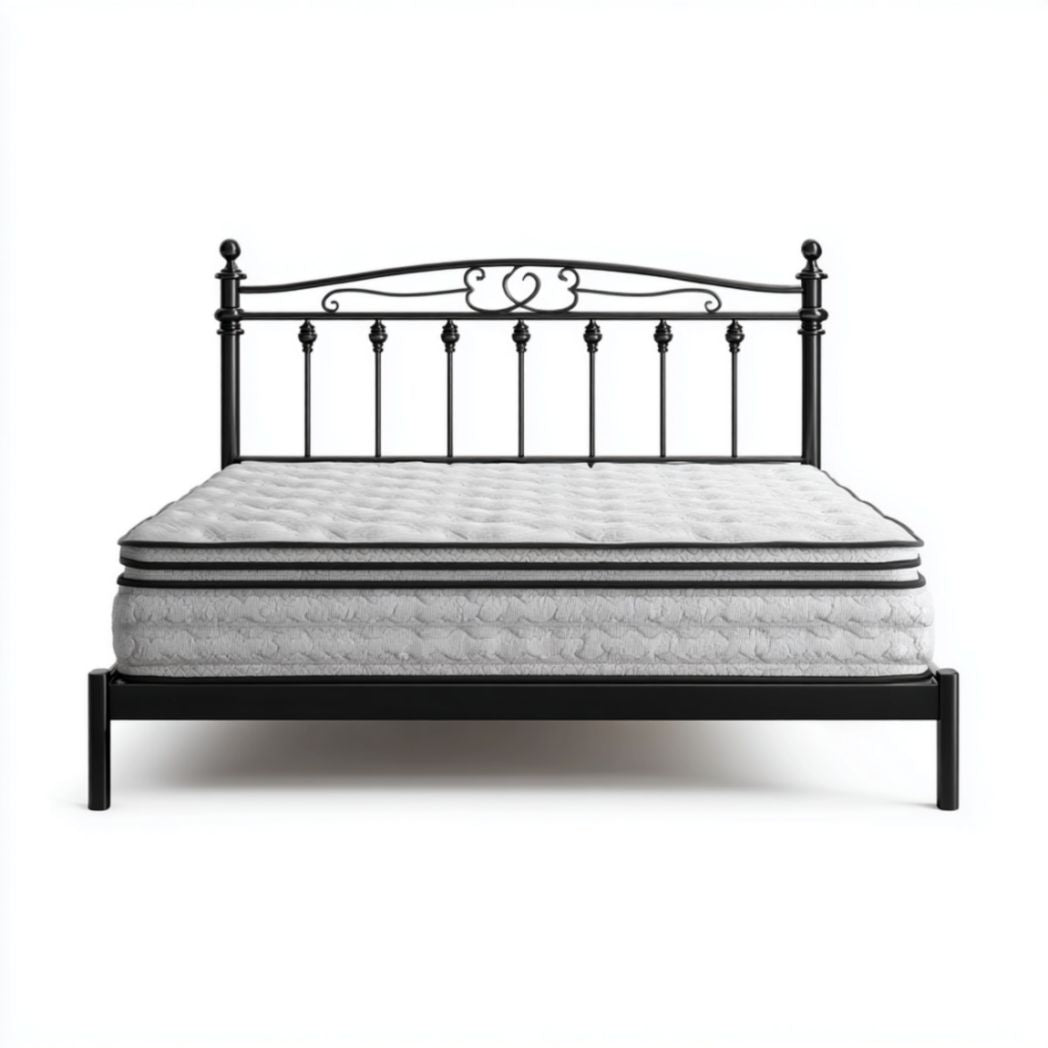 Metal bed frame with geometric headboard and mattress 206 x 152 x 30cm