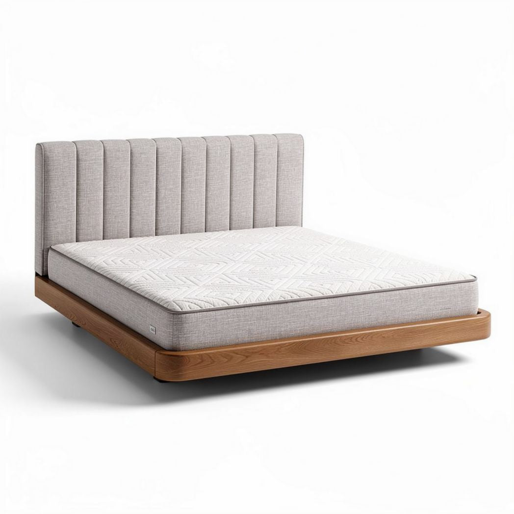 Fabric upholstered platform bed with wooden frame and headboard 200 x 160 x 30cm