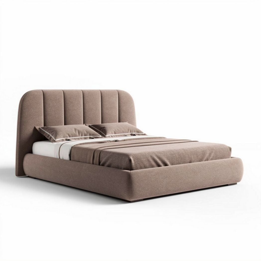 Upholstered platform bed in taupe fabric with padded headboard 160 x 200 x 90cm