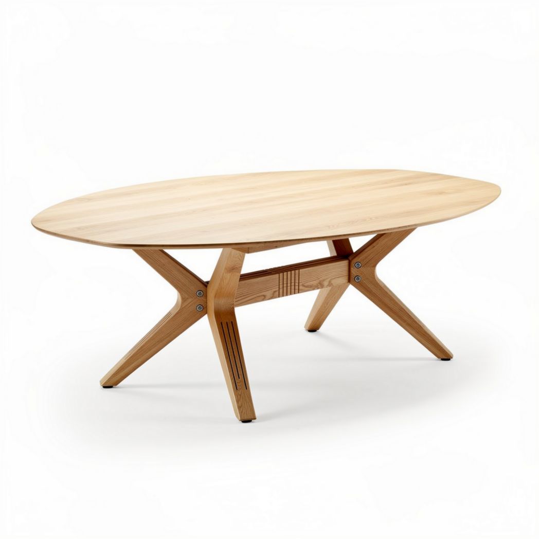Oak coffee table with oval design and wooden legs 120 x 80 x 45cm