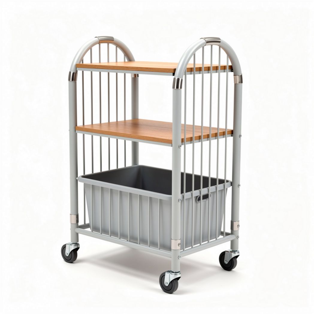 Wooden shelf cart with metal frame and storage bin 80 x 40 x 90cm