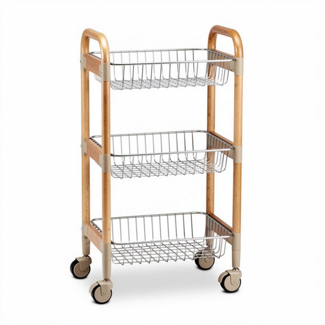 Three-tier storage cart with metal baskets and wooden handles 60 x 40 x 80cm