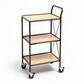 Rolling utility cart with three wooden shelves and black metal frame 80 x 45 x 80cm