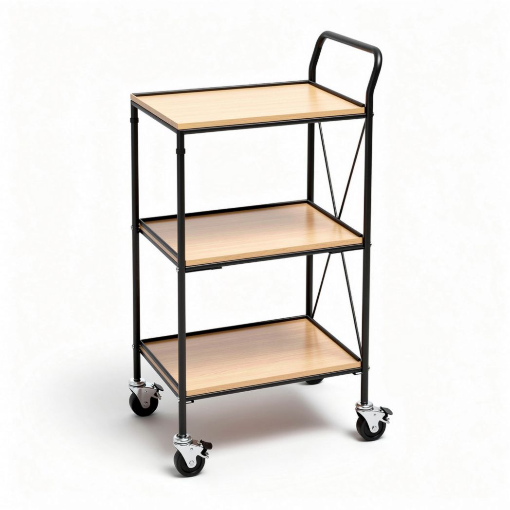 Rolling utility cart with three wooden shelves and black metal frame 80 x 45 x 80cm