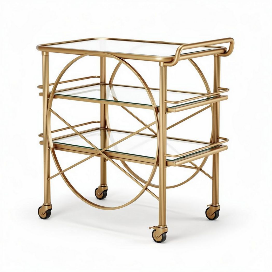 Metal rolling bar cart with glass shelves and circular design 80 x 40 x 80cm