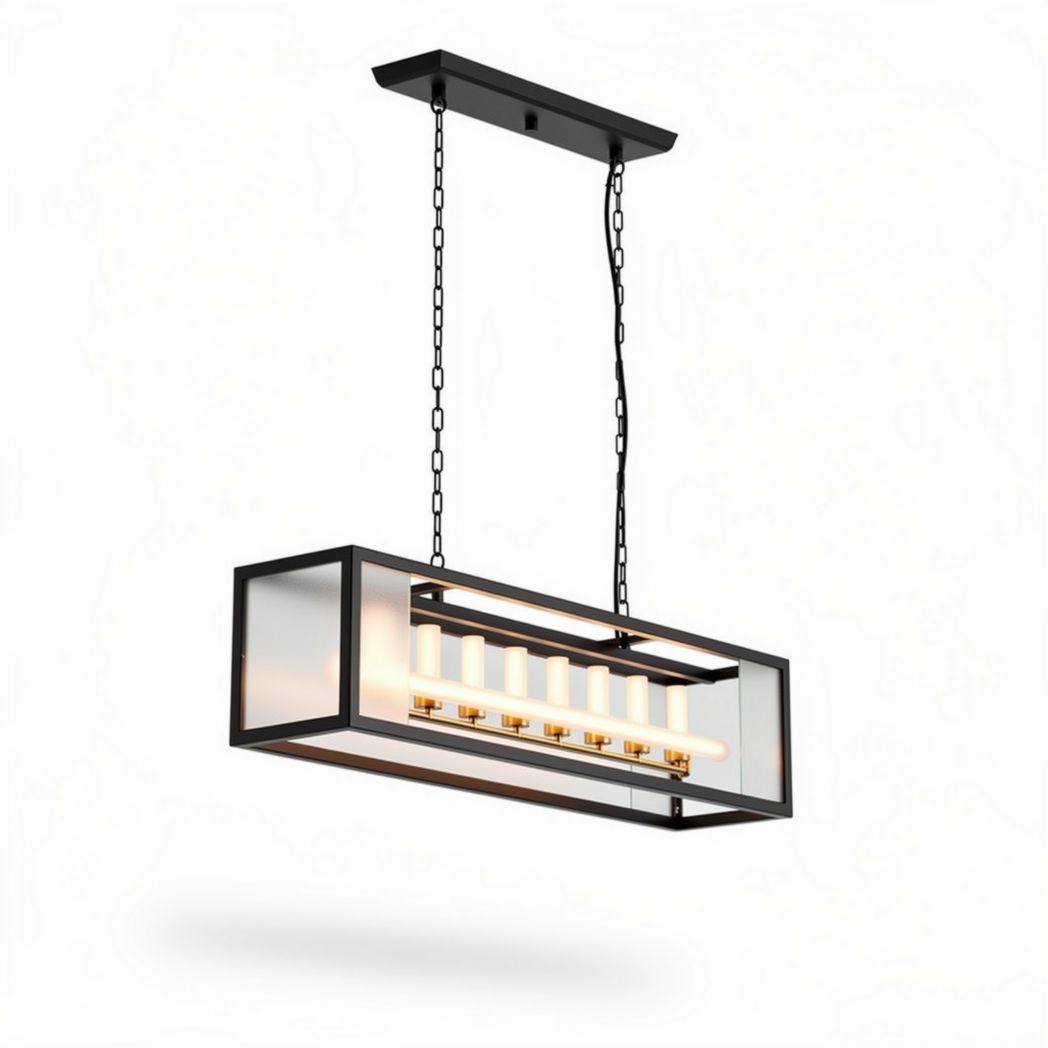 Modern rectangular hanging pendant light with glass shade and metal frame 120 x 30 x 20cm