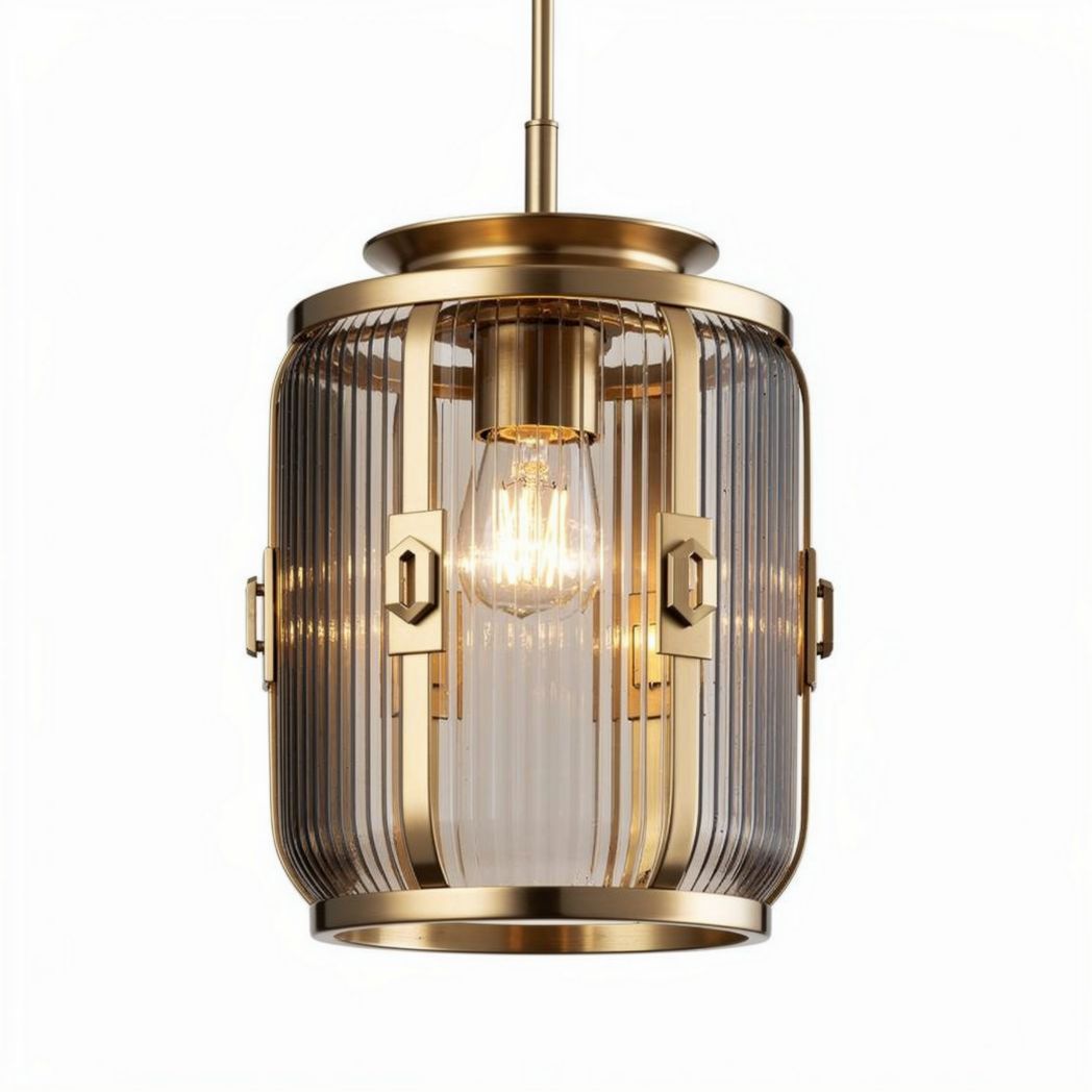 Glass pendant light fixture with brushed gold finish and striped design 25 x 25 x 40cm