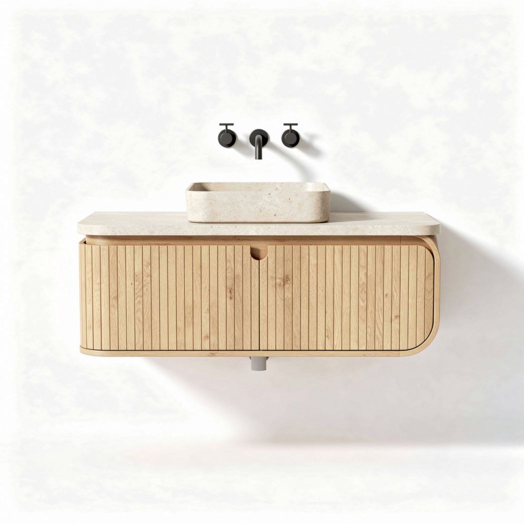 Modern floating bathroom vanity with wood finish and cream stone sink 90 x 45 x 35cm