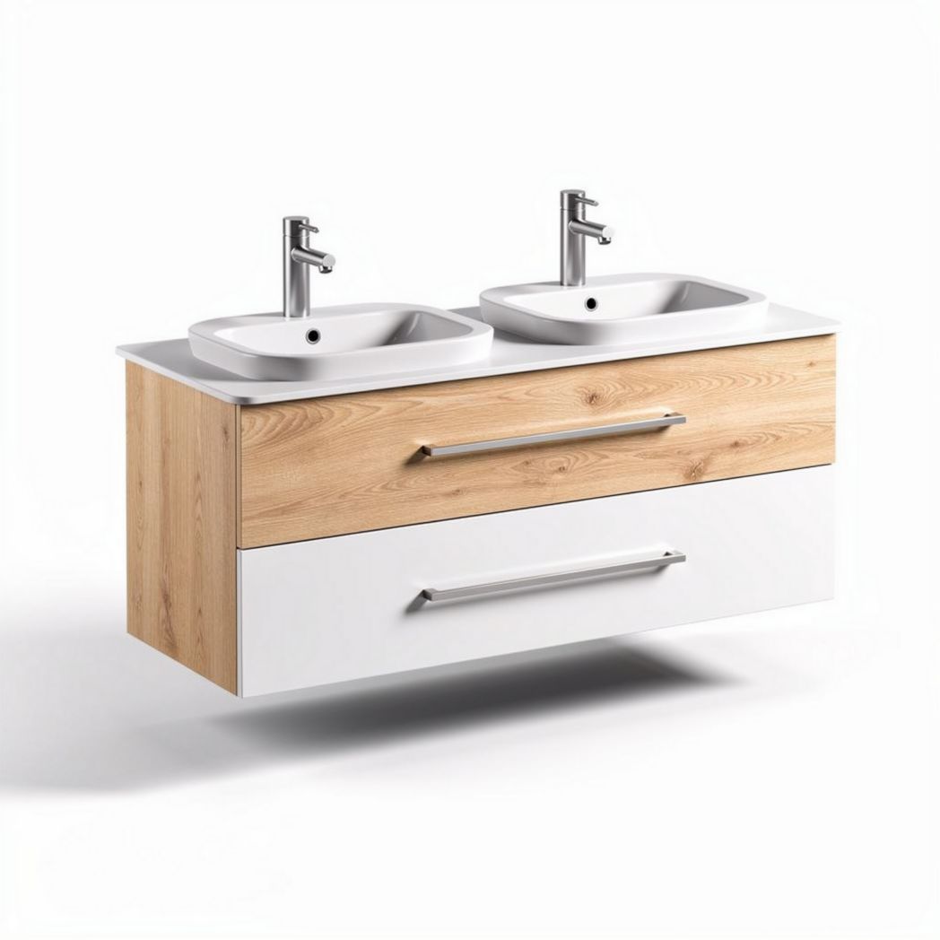 Double sink bathroom vanity with wood and white composite finish 120 x 50 x 40cm